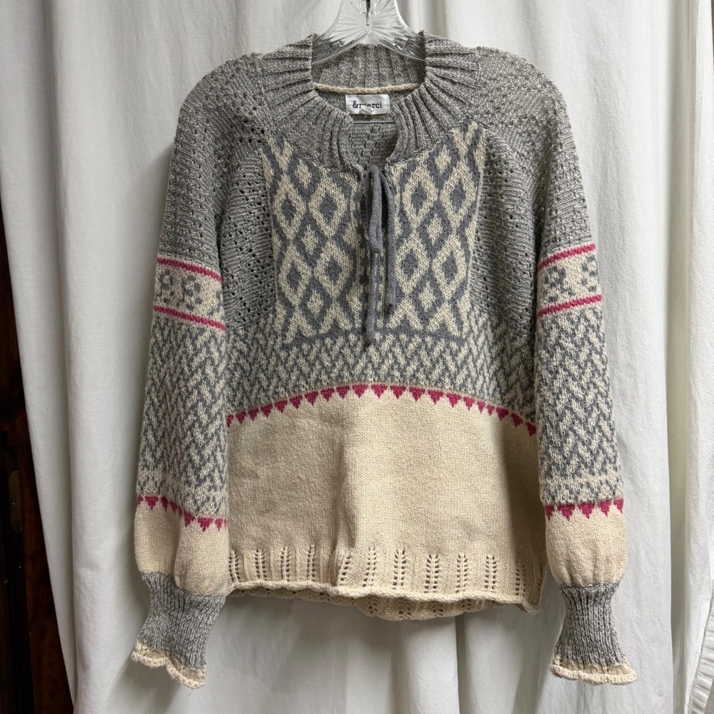 &merci Womens Grey Cream Pink Geometric Knit Tie Neck Balloon Sleeve Sweater L